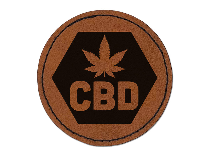 CBD Marijuana Leaf Hexagon Round Iron-On Engraved Faux Leather Patch Applique - 2.5"