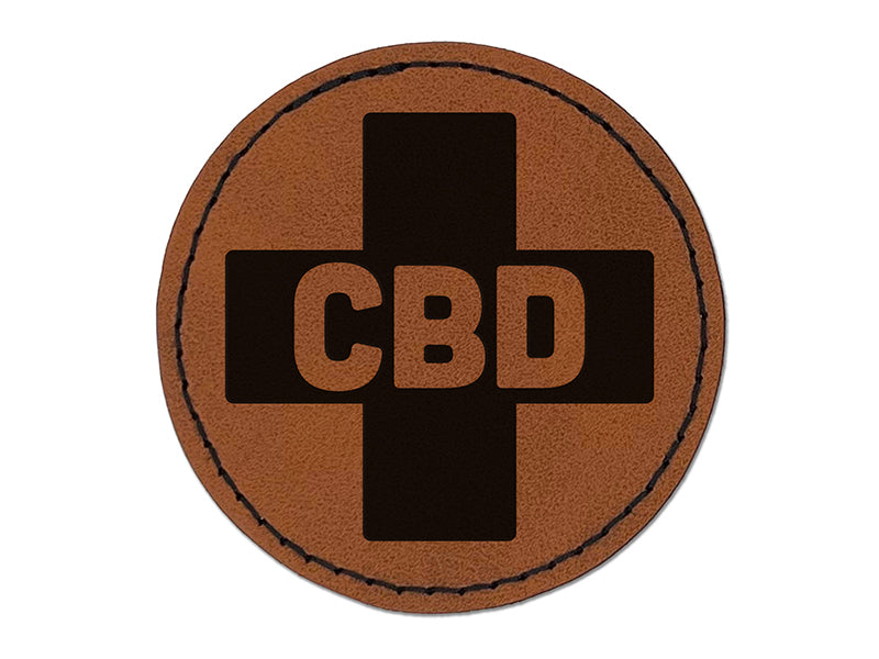 CBD Medicinal Marijuana Medical Cross Round Iron-On Engraved Faux Leather Patch Applique - 2.5"