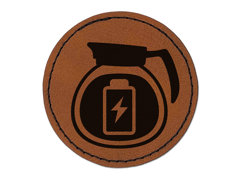 Charging Power Coffee Pot Round Iron-On Engraved Faux Leather Patch Applique - 2.5"