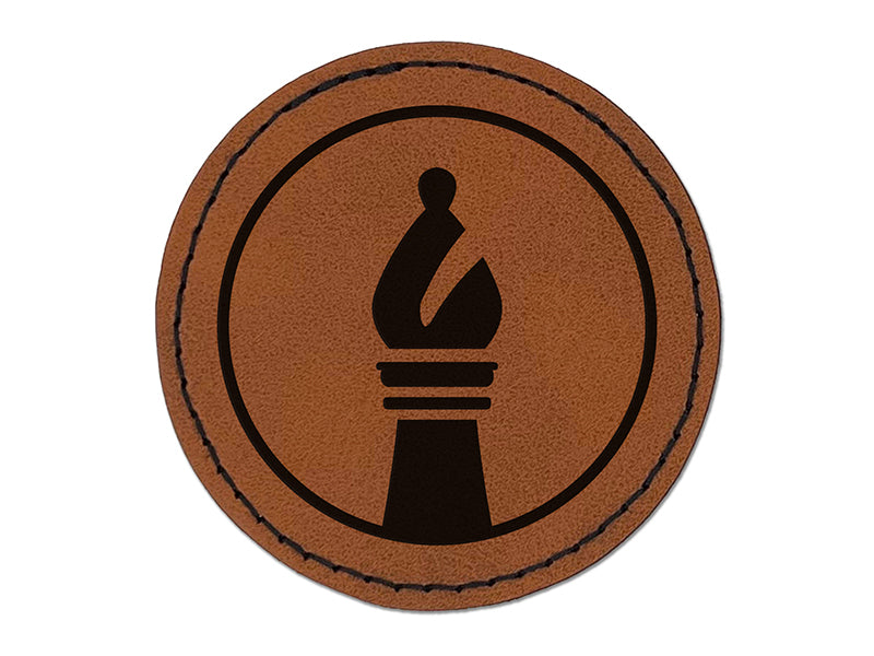Chess Piece Black Bishop Round Iron-On Engraved Faux Leather Patch Applique - 2.5"