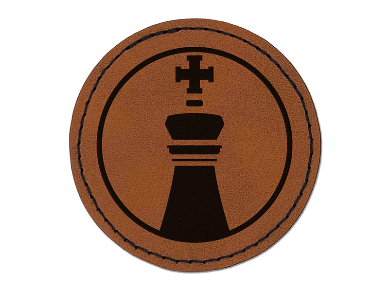 Chess Piece Black King Round Iron-On Engraved Faux Leather Patch Applique - 2.5"