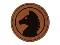 Chess Piece Black Knight Round Iron-On Engraved Faux Leather Patch Applique - 2.5"