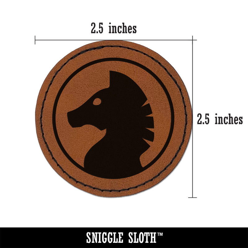Chess Piece Black Knight Round Iron-On Engraved Faux Leather Patch Applique - 2.5"