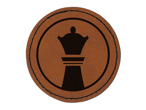 Chess Piece Black Queen Round Iron-On Engraved Faux Leather Patch Applique - 2.5"