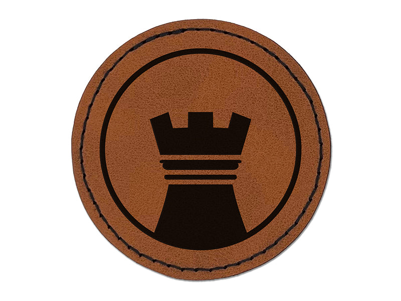 Chess Piece Black Rook Round Iron-On Engraved Faux Leather Patch Applique - 2.5"