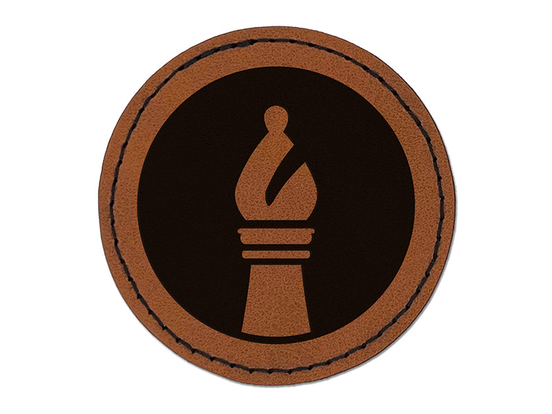 Chess Piece White Bishop Round Iron-On Engraved Faux Leather Patch Applique - 2.5"