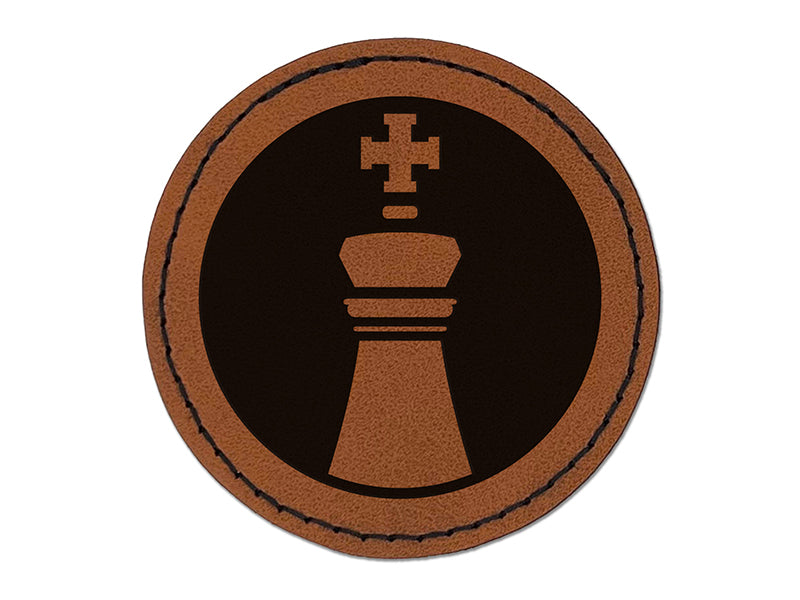 Chess Piece White King Round Iron-On Engraved Faux Leather Patch Applique - 2.5"