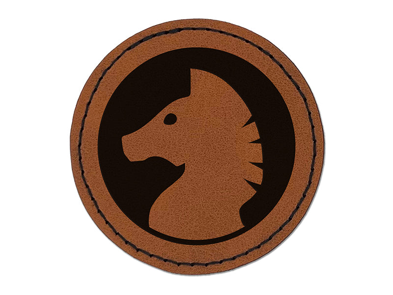 Chess Piece White Knight Round Iron-On Engraved Faux Leather Patch Applique - 2.5"
