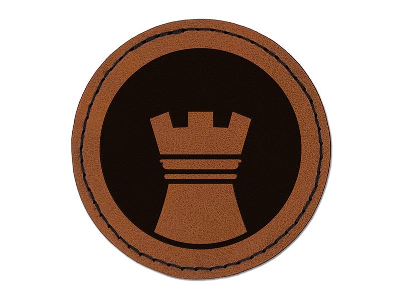 Chess Piece White Rook Round Iron-On Engraved Faux Leather Patch Applique - 2.5"