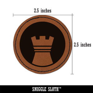 Chess Piece White Rook Round Iron-On Engraved Faux Leather Patch Applique - 2.5"