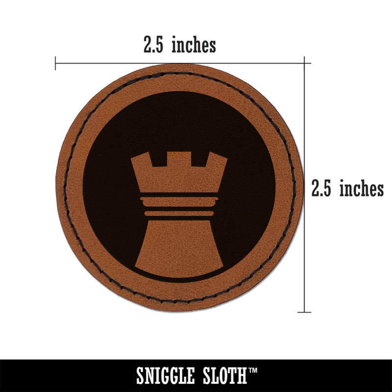 Chess Piece White Rook Round Iron-On Engraved Faux Leather Patch Applique - 2.5"