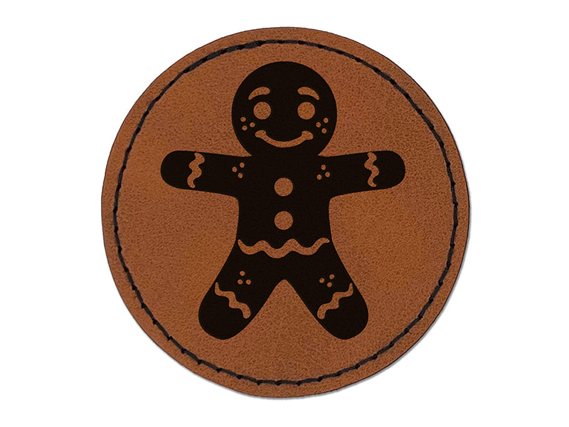 Christmas Gingerbread Man Round Iron-On Engraved Faux Leather Patch Applique - 2.5"