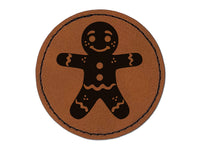 Christmas Gingerbread Man Round Iron-On Engraved Faux Leather Patch Applique - 2.5"