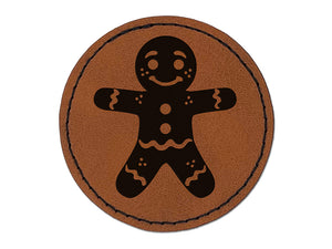 Christmas Gingerbread Man Round Iron-On Engraved Faux Leather Patch Applique - 2.5"