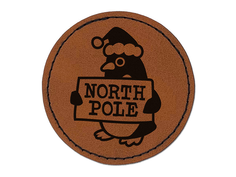 Christmas Penguin Going to North Pole Round Iron-On Engraved Faux Leather Patch Applique - 2.5"