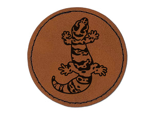 Chubby Leopard Gecko Lizard Round Iron-On Engraved Faux Leather Patch Applique - 2.5"