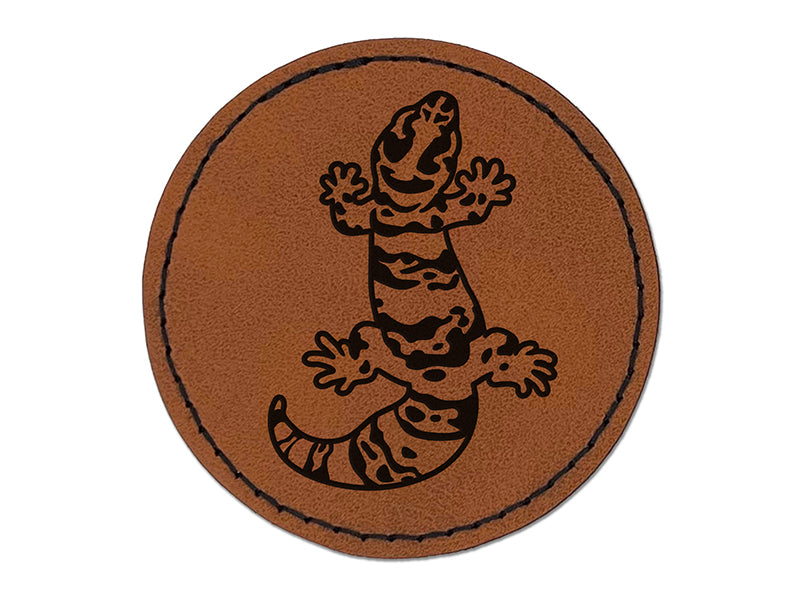 Chubby Leopard Gecko Lizard Round Iron-On Engraved Faux Leather Patch Applique - 2.5"