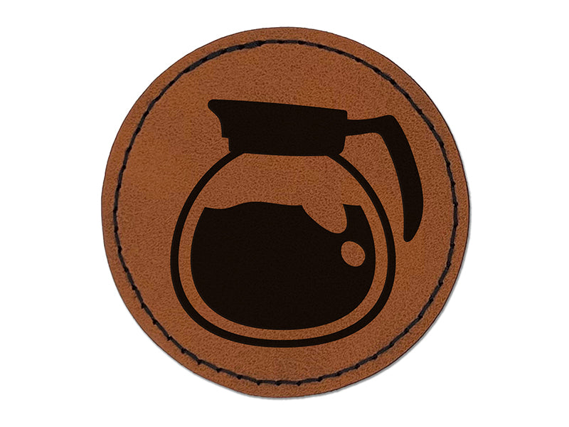 Coffee Pot Round Iron-On Engraved Faux Leather Patch Applique - 2.5"