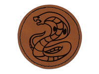 Coiled Cobra Snake Round Iron-On Engraved Faux Leather Patch Applique - 2.5"