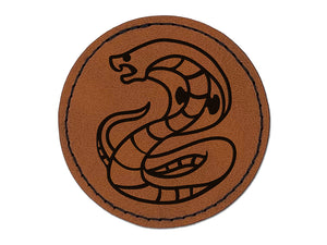 Coiled Cobra Snake Round Iron-On Engraved Faux Leather Patch Applique - 2.5"