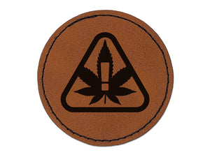 Contains Cannabis Warning Triangle Round Iron-On Engraved Faux Leather Patch Applique - 2.5"