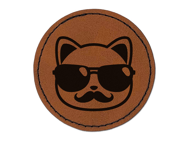 Cool Cat with Sunglasses and Mustache Round Iron-On Engraved Faux Leather Patch Applique - 2.5"