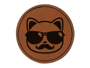Cool Cat with Sunglasses and Mustache Round Iron-On Engraved Faux Leather Patch Applique - 2.5"