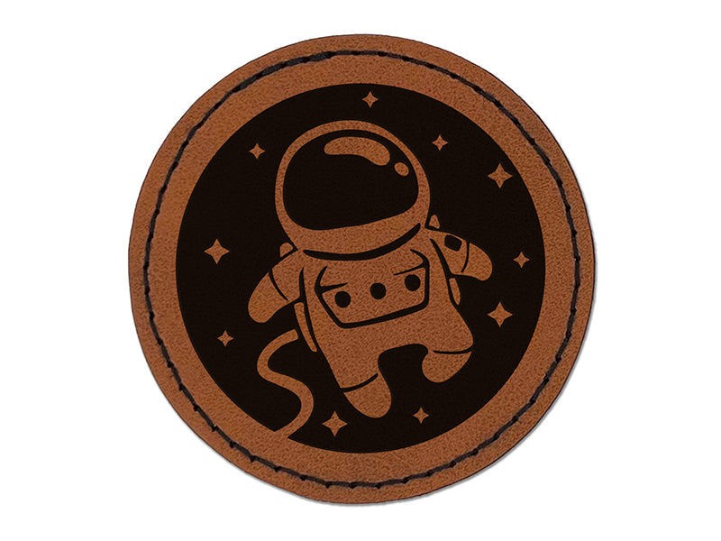 Cute Astronaut in Space with Stars Round Iron-On Engraved Faux Leather Patch Applique - 2.5"