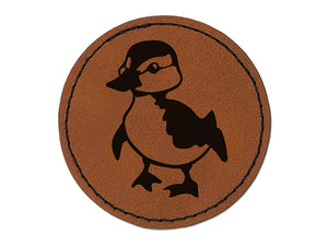 Cute Baby Duck Duckling Round Iron-On Engraved Faux Leather Patch Applique - 2.5"