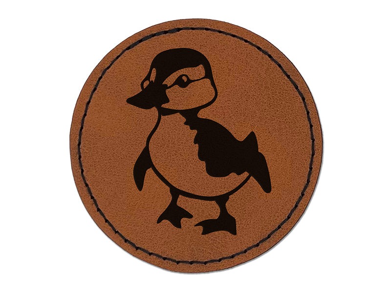 Cute Baby Duck Duckling Round Iron-On Engraved Faux Leather Patch Applique - 2.5"