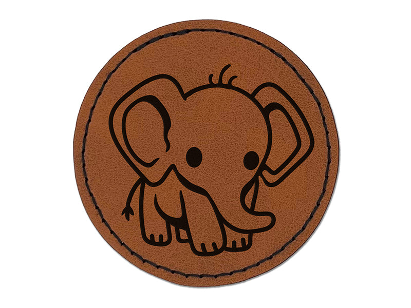 Cute Baby Elephant Round Iron-On Engraved Faux Leather Patch Applique - 2.5"