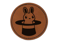 Cute Bunny Rabbit in Magician Hat Round Iron-On Engraved Faux Leather Patch Applique - 2.5"