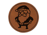 Cute Chibi Santa Claus Christmas Round Iron-On Engraved Faux Leather Patch Applique - 2.5"