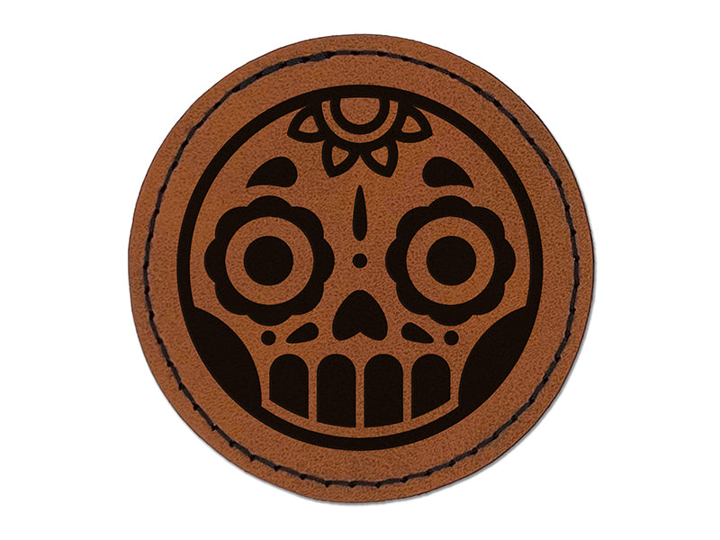 Cute Dia de los Muertos Day of Dead Sugar Skull Round Iron-On Engraved Faux Leather Patch Applique - 2.5"