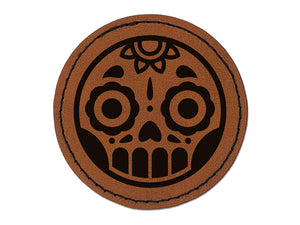 Cute Dia de los Muertos Day of Dead Sugar Skull Round Iron-On Engraved Faux Leather Patch Applique - 2.5"