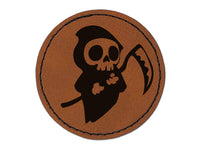 Cute Grim Reaper Death Halloween Round Iron-On Engraved Faux Leather Patch Applique - 2.5"