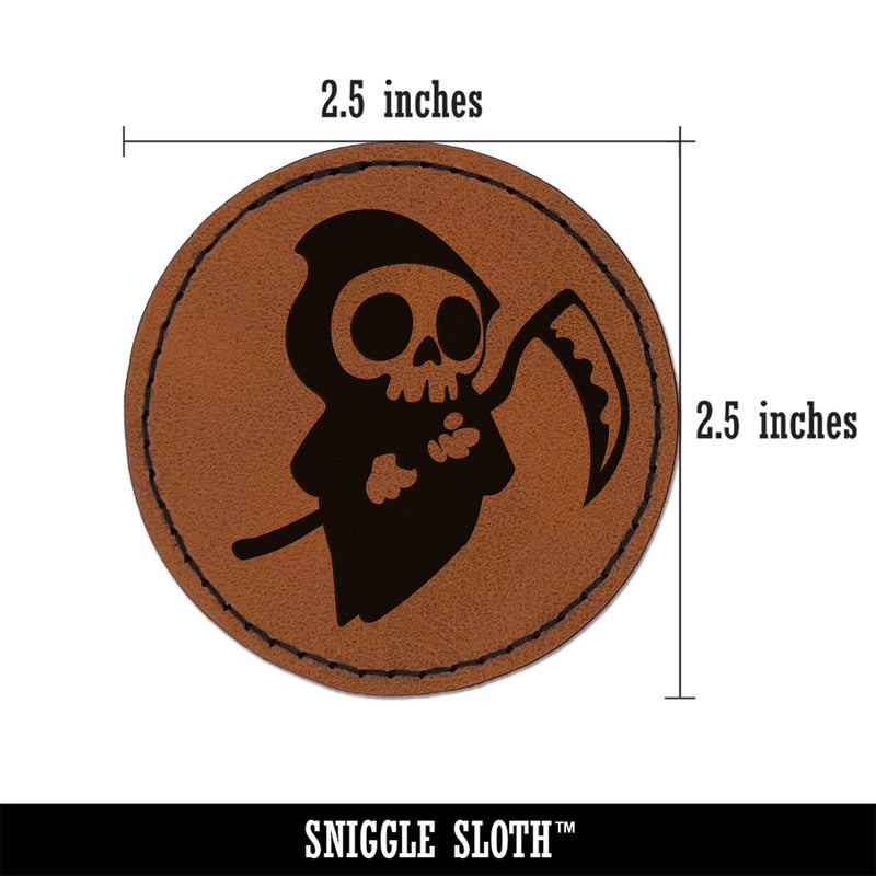 Cute Grim Reaper Death Halloween Round Iron-On Engraved Faux Leather Patch Applique - 2.5"