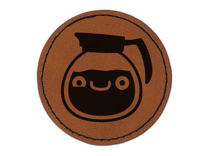 Cute Kawaii Caffeinated Coffee Pot Round Iron-On Engraved Faux Leather Patch Applique - 2.5"