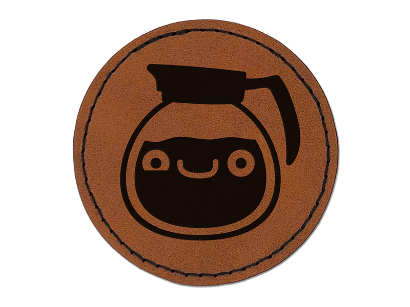 Cute Kawaii Caffeinated Coffee Pot Round Iron-On Engraved Faux Leather Patch Applique - 2.5"
