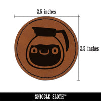 Cute Kawaii Caffeinated Coffee Pot Round Iron-On Engraved Faux Leather Patch Applique - 2.5"