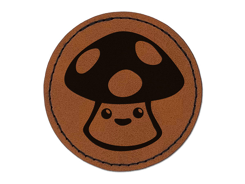 Cute Kawaii Toadstool Mushroom Round Iron-On Engraved Faux Leather Patch Applique - 2.5"