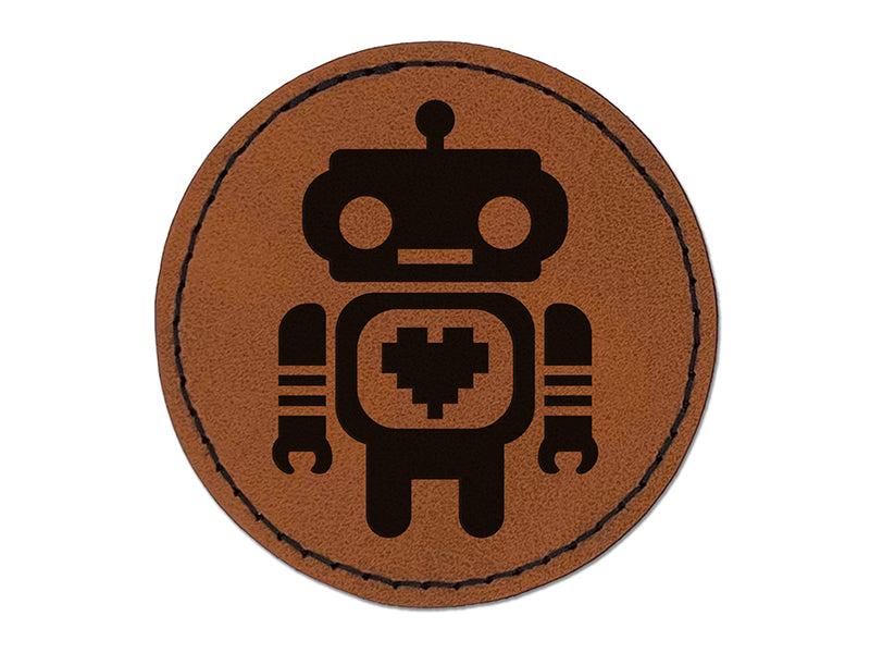 Cute Little Robot with a Heart Round Iron-On Engraved Faux Leather Patch Applique - 2.5"
