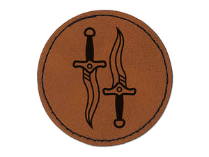 Daggers and Knives for a Thief or Rogue Round Iron-On Engraved Faux Leather Patch Applique - 2.5"