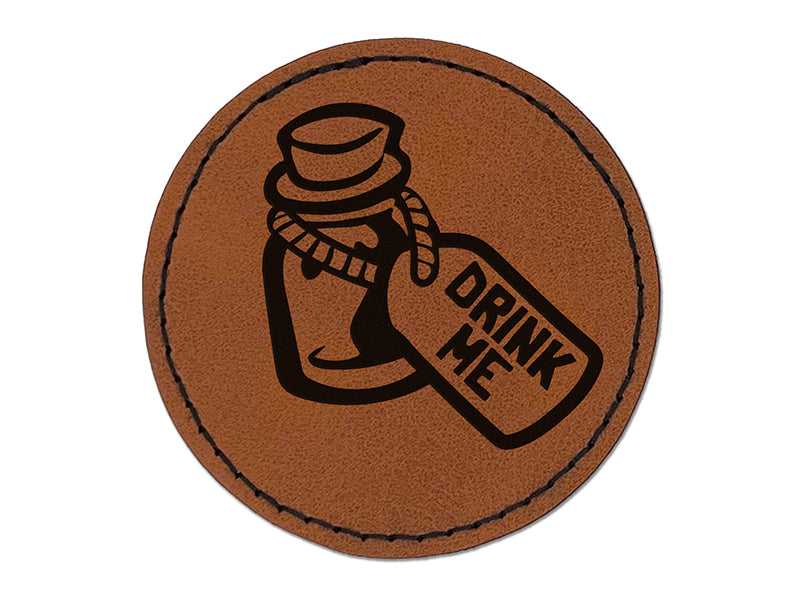 Drink Me Potion Bottle from Alice In Wonderland Round Iron-On Engraved Faux Leather Patch Applique - 2.5"