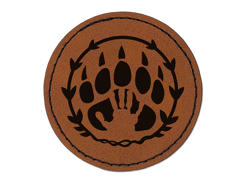Druid Bear Claw Hand Print Round Iron-On Engraved Faux Leather Patch Applique - 2.5"