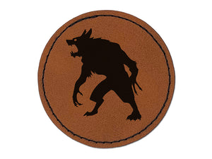 Ferocious Werewolf Monster Halloween Round Iron-On Engraved Faux Leather Patch Applique - 2.5"