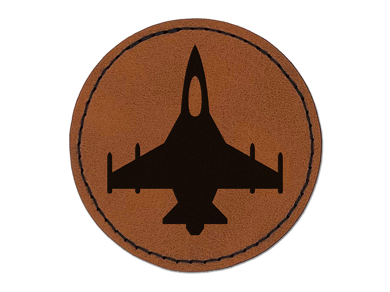 Fighter Jet Military Airplane Round Iron-On Engraved Faux Leather Patch Applique - 2.5"