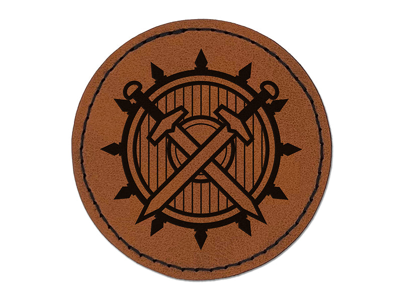 Fighter Warrior Sword and Shield Round Iron-On Engraved Faux Leather Patch Applique - 2.5"