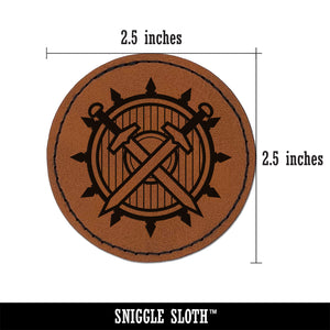 Fighter Warrior Sword and Shield Round Iron-On Engraved Faux Leather Patch Applique - 2.5"