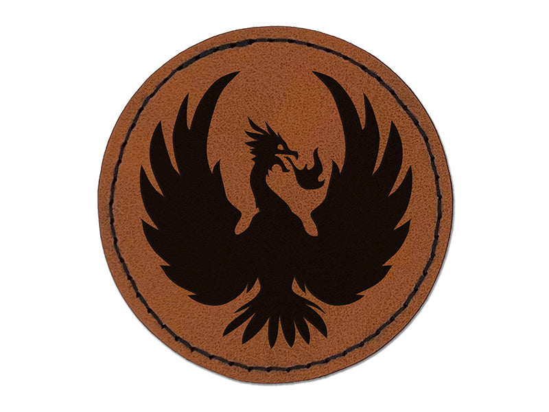 Fire Phoenix Bird Rising Round Iron-On Engraved Faux Leather Patch Applique - 2.5"
